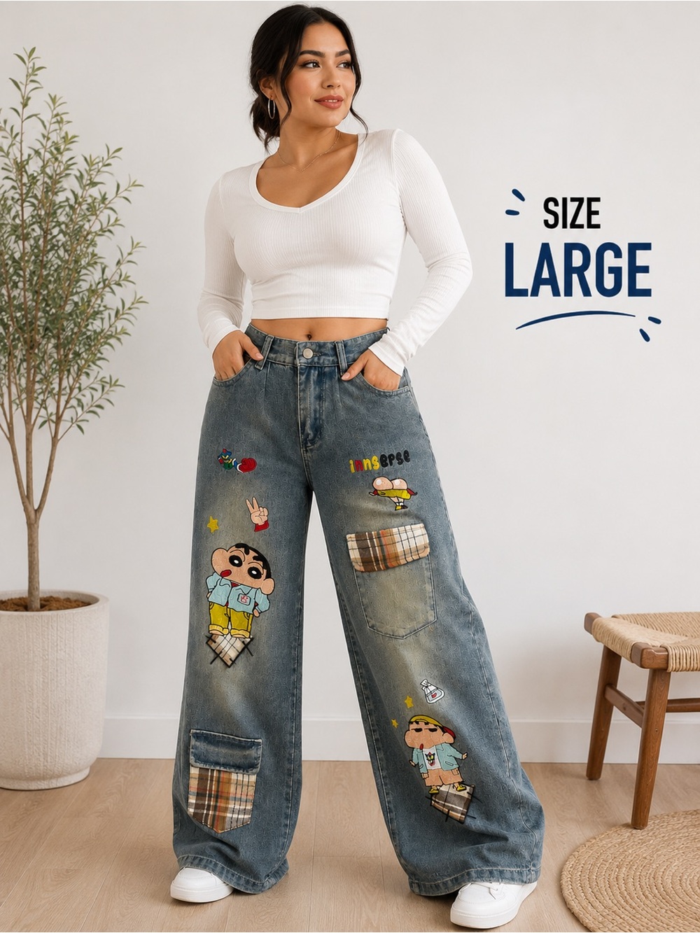 High-Waist Wide Leg Cartoon Patch Denim Jeans - Blue